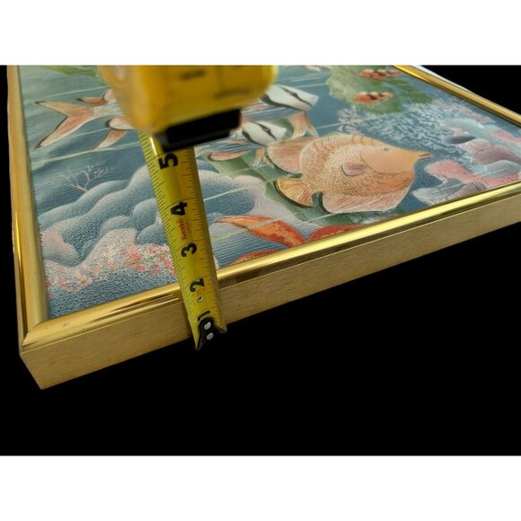 Vtg Original Thick Texture Oil Painting Tropical Fish Brass Frame 20" Registered - Picture 10 of 13